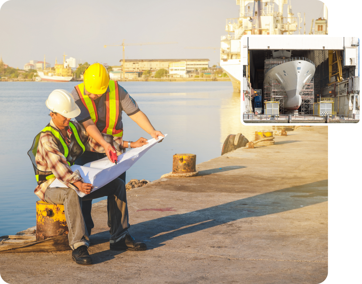 Group 8 Two construction workers in safety gear review blueprints by the waterfront. An inset shows a ship in a dry dock, highlighting shipbuilding or repair work.