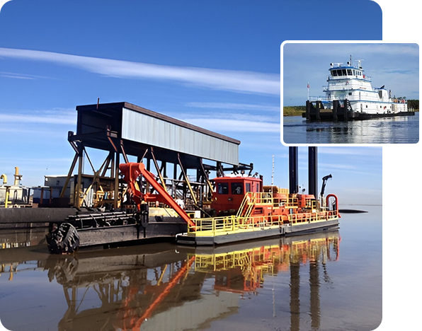 Group-3.png A red and yellow dredging barge in calm waters with a small inset image of a blue and white boat in the upper right corner.